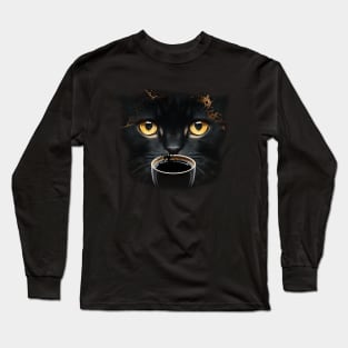 Black Cat Drinking Coffee, Coffee Cat Lover Long Sleeve T-Shirt